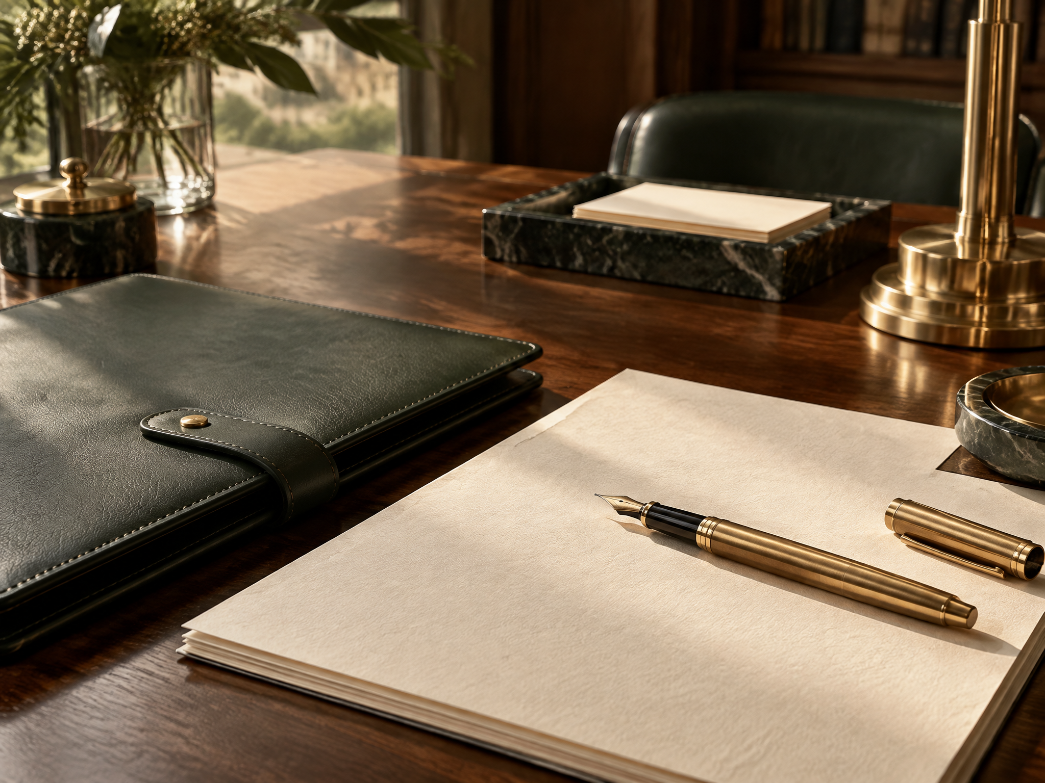 Brass fountain pen on cream paper beside a green leather folio