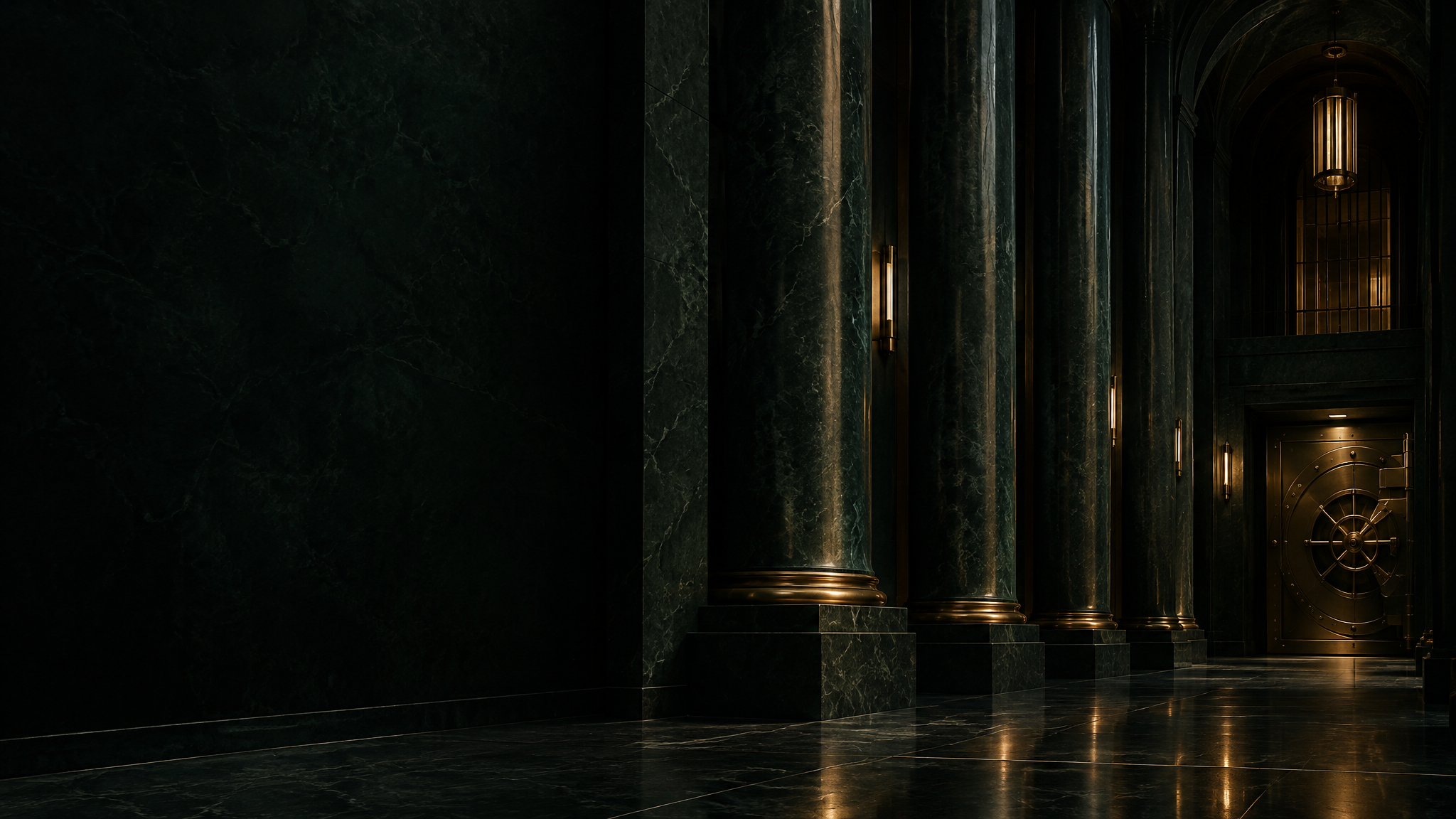 Dark green marble colonnade with warm brass lighting